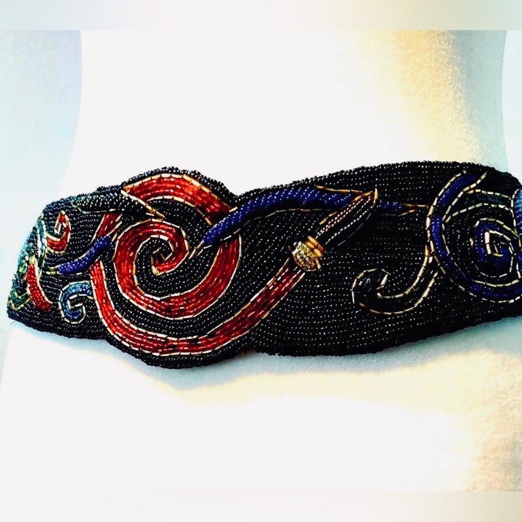 Vtg Christian Dior 80s Beaded BlackRedbelt With Rich Tone BeadsSize ML